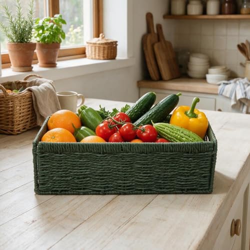 Paper Rope Wicker Baskets with Handles, Toilet Paper Basket for Toilet Tank Top, Small Wicke Baskets for Organizing Shelves (Green-2) - color: Green-2