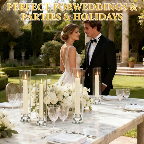 16 Set Clear Glass Hurricane Candle Holders, 12.5" Open Ended Bottomless Windproof Cylinder & 2.1" Taper Candlestick Holders for Wedding Party Home Hotel Decor