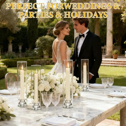16 Set Clear Glass Hurricane Candle Holders, 12.5" Open Ended Bottomless Windproof Cylinder & 2.1" Taper Candlestick Holders for Wedding Party Home Hotel Decor