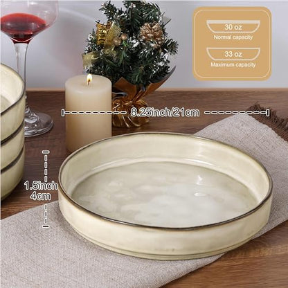 LIANYU Stoneware Pasta Bowls, 8.25’’ Large Bowl Sets of 4 | Round Shallow Dinner Plates for Meal, Ceramic Salad Serving Plate for Cereal, Soup, Dishwasher & Microwave Safe, Sandy Beige - color: Sandy Beige