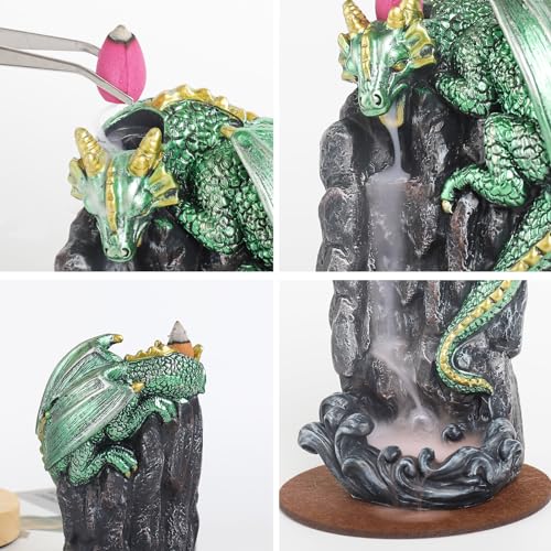 Dragon Backflow Incense Holder Waterfall Incense Burner, with 100 Backflow Incense Cones,1 Mat,1 Tweezers，Aromatherapy Ornamental for Home Office Yoga （Green Dragon） - color: Green