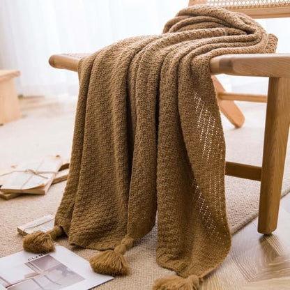 Waffle Knitted Blanket with Pom Pom Tassels,Throw for Bed Couch (Camel 28 * 91in) - color: Camel, size: 28*91in