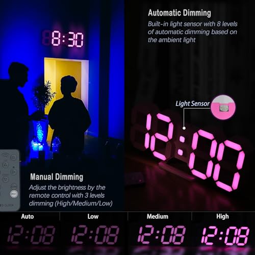 Pink LED Clock 3D Wall Clock 9.7" Table Clock for Living Room Modern Digital Clock for Bedroom Aesthetic Bedside Desk Clock with Remote/Dimming/12/24H/Temp/Alarm Clock/Date - color: 9.7in Pink Clock-pink Light