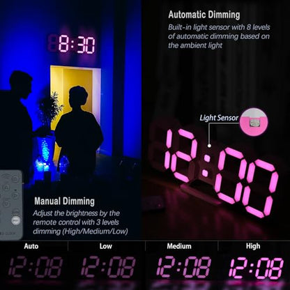 Pink LED Clock 3D Wall Clock 9.7" Table Clock for Living Room Modern Digital Clock for Bedroom Aesthetic Bedside Desk Clock with Remote/Dimming/12/24H/Temp/Alarm Clock/Date - color: 9.7in Pink Clock-pink Light