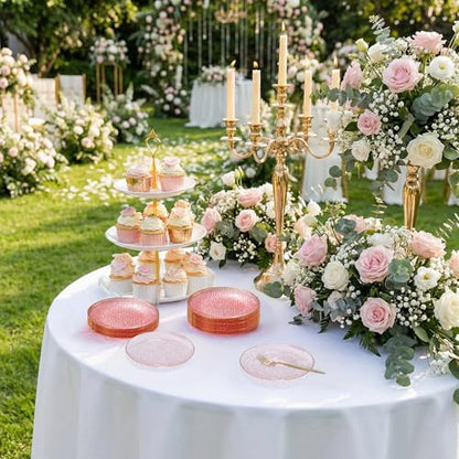 Rubtlamp 200Pcs Pink Plastic Dessert Plates with Gold Rim, 6inch Fancy Plastic Plates Include 100 Hammered Appetizer Plates and 100 Disposable Gold Forks for Party Teatime Birthday - color: Pink gold