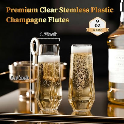 GuanQiao 12 Pack Stemless Plastic Champagne Flutes, 9oz Diamond Disposable Champagne Glasses, Heavy Duty Shatterproof Mimosa Glasses for Wine Tasting, Wedding, Bridal Shower, Party Supplies, Birthday - color: Diamond, size: 12-Pack