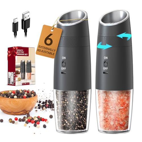 CIRCLE JOY Gravity Electric Salt and Pepper Grinder Set Rechargeable Automatic Pepper and Salt Shakers with LED Light, External Adjustable Coarseness, One-Hand Operation for Salt & Spices - color: Black Pro, size: KYMQ + Rechargeable