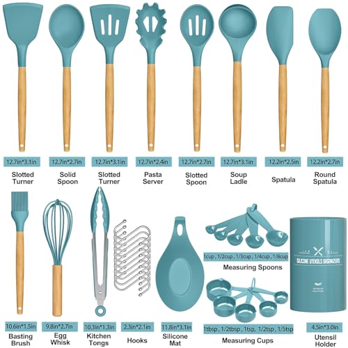 Umite Chef Kitchen Cooking Utensils Set, 33 pcs Non-stick Silicone Utensils Spatula Set with Holder, Silicone Kitchen Gadgets Utensil Set(Dark Blue) - color: Dark Blue
