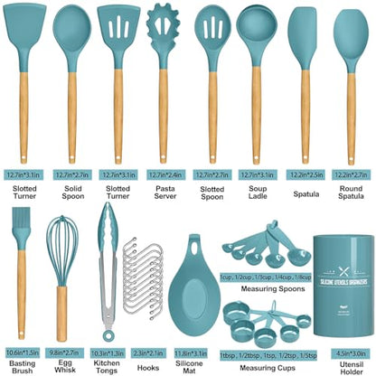 Umite Chef Kitchen Cooking Utensils Set, 33 pcs Non-stick Silicone Utensils Spatula Set with Holder, Silicone Kitchen Gadgets Utensil Set(Dark Blue) - color: Dark Blue