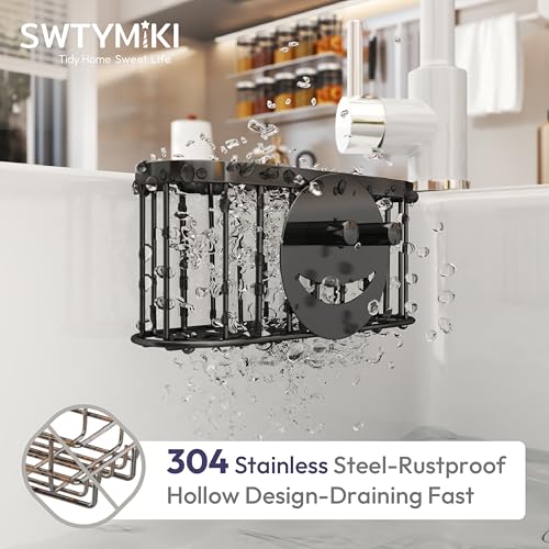 SWTYMIKI Sponge Holder for Kitchen Sink - Movable Sink Caddy with Smiley Face Sponge Holder, Rustproof Hanging Sponge Organizer in Double Bowl Sinks Depth>3.15in, Middle Divider<1.5in, Black - color: Black-smiley Sponge Holder