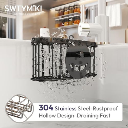 SWTYMIKI Sponge Holder for Kitchen Sink - Movable Sink Caddy with Smiley Face Sponge Holder, Rustproof Hanging Sponge Organizer in Double Bowl Sinks Depth>3.15in, Middle Divider<1.5in, Black - color: Black-smiley Sponge Holder