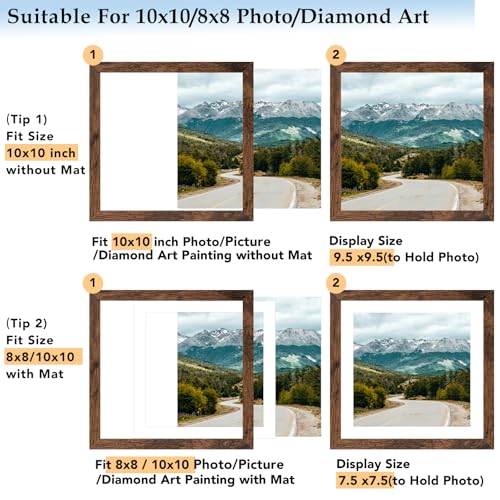 Wood 10x10 Picture Frame with 8x8 Mat, Display 8x8 with Mat or 10x10 Without Mat, Wood 10 by 10 Photo Frame, 10 x 10 Frame for Wall Hanging Display, Deep Brown, 3 Pack - size: 10x10 inch