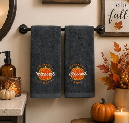 Harvest Fall Hand Towels for Bathroom: Plush Gray Grey Embroidered Grateful Thankful Blessed Orange Pumpkin Design for Bath, 100% Cotton, 16" x 25" Inches, Oeko-TEX Certified - color: Grateful