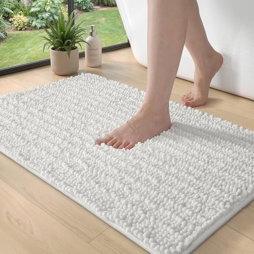 DEXI Bathroom Rugs 24x16, Super Soft Thick Chenille Absorbent Bath Mat, Non Slip Machine Washable Fluffy Shag Bathmat for Tub, Shower Floor, White - color: White, size: 24" X 16" (Rectangular)