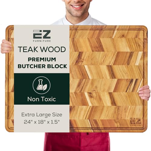 EZ FURNITURE Extra Large (XL) Teak Edge Grain Cutting Board, Reversible, Knife-Friendly Charcuterie Butcher Block, Juice Groove & Handles, Non-Toxic, Gift Box Included (Herringbone, 24" x 18" x 1.5") - color: XL - Herringbone 1.5", size: 24"L x 18"W