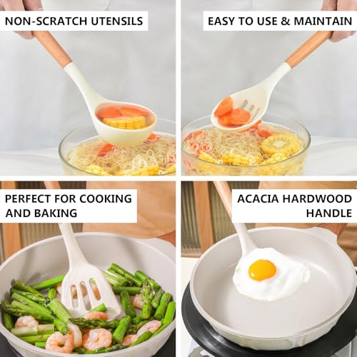 Silicone Kitchen Utensils Set of 5, Cooking Utensil Set with Heat Resistant Wooden Handle Non-Stick Silicone Spatula Spoon Turner Ladle, BPA FREE Cooking Kitchen Gadgets for Cookware & Baking - color: White, size: Standard 5-Piece Set