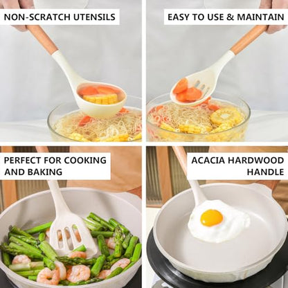 Silicone Kitchen Utensils Set of 5, Cooking Utensil Set with Heat Resistant Wooden Handle Non-Stick Silicone Spatula Spoon Turner Ladle, BPA FREE Cooking Kitchen Gadgets for Cookware & Baking - color: White, size: Standard 5-Piece Set