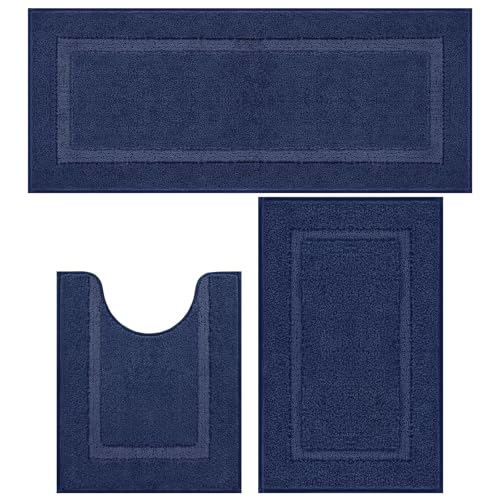 SHACOS Navy Blue Bathroom Rugs Sets 3 Piece Bath Mat U Shaped Toilet Rug | 20x47+ 20x32+ 20x24, Soft Fluffy Microfiber Bath Rugs Set, Non Slip Washable Absorbent Bathroom Runner Floor Mats Shower Rug - color: Navy Blue, size: 20"x32"+ 20"x47"+U Shape 20"x