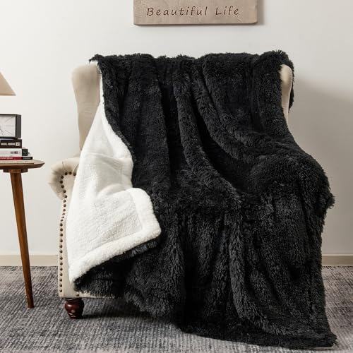 COOVA Ultra Soft Faux Fur Throw Blanket – Fuzzy Fluffy Cozy Microfiber Blankets, Warm Thick Plush Sherpa Fleece Throw Blanket for Couch,Bed,Sofa,Ideal Gift for Women.(Black, 50"x60") - color: Black, size: 50"x60"