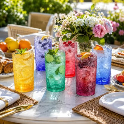 Khen Plastic Hobnail Drinking Highball Glasses Set of 6 Bright Tones Cups 14oz, Shatterproof & Unbreakable Acrylic Beaded Design, BPA-Free, Dishwasher Safe Indoor/Outdoor Drinkware Water, Cocktails - color: Sunshine Colors, style: Set of 6