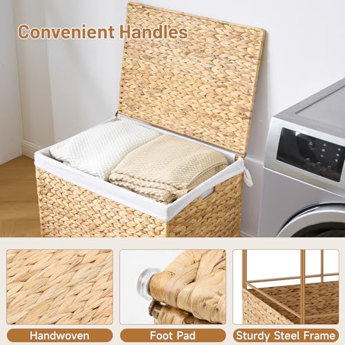 Water Hyacinth Storage Basket with Lid, 31.7 Gallon (120L) Wicker Shelf Basket with Removable Liner, Wicker Storage Basket for Blanket, for Livingroom, Bedroom, Natural - size: 23.62"L x 17.72"W x 17.72"H