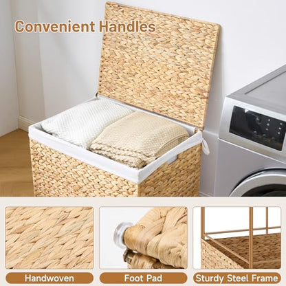 Water Hyacinth Storage Basket with Lid, 31.7 Gallon (120L) Wicker Shelf Basket with Removable Liner, Wicker Storage Basket for Blanket, for Livingroom, Bedroom, Natural - size: 23.62"L x 17.72"W x 17.72"H