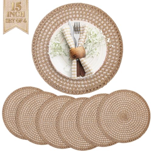 15 Inch Round Burlap Placemat Set of 6 Boho Jute Woven Charger Bulk Rustic Vintage Natural Brown Heat Resistant Dining Table Mat for Wedding Farmhouse Home Kitchen Summer Outdoor Decoration - color: Classic, size: 15 Inch