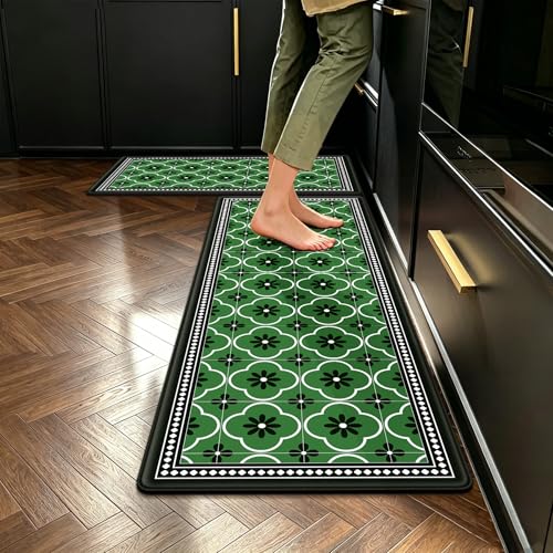 Vintage Floral Tile Kitchen Rug Sets of 2, Geometric Non Slip Mat for Floor | Thick Cushioned Anti-Fatigue Decor Runner Rug, PVC Soft Comfort Waterproof Standing Mat for Sink Laundry Front & Indoor Doors - color: Ink Green Begonia, size: 18"x30"+18"x48"