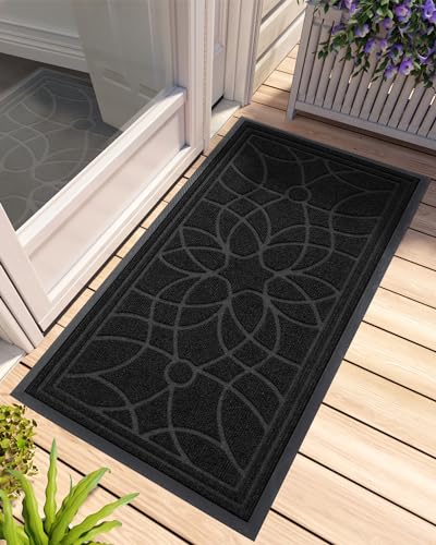 DEXI Front Door Mat Outside Entrance 24x47, Heavy Duty Non Slip, Black | Low Profile Doormat with Rubber Back, Traps Dirt & Moisture, Easy to Clean, Fits Entryway, Patio, Garage - color: Black, size: 24" X 47" (Rectangular)