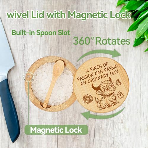Bamboo Salt Cellar With Swivel Lid Highland Cow Salt Container Built-In Spoon And Magnetic Clasp Ideal For Salt, Sea Salt, Pepper, Sugar And Spices