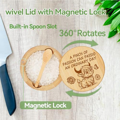 Bamboo Salt Cellar With Swivel Lid Highland Cow Salt Container Built-In Spoon And Magnetic Clasp Ideal For Salt, Sea Salt, Pepper, Sugar And Spices