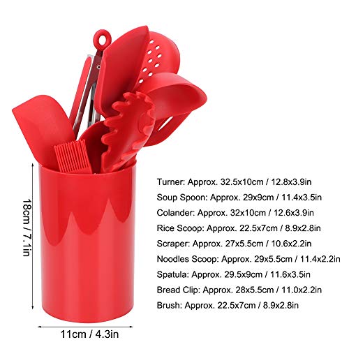 9 Piece Silicone Kitchen Utensil Set with Storage Holder - Non Stick Cooking Tools, Turner, Spatula, Heat Cookware, Red