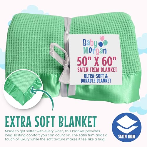 Thermal Waffle Knit Throw Blanket Satin Trim Mint Green 50"x60" | Adult throw blanket with soft lightweight waffle knit design, satin trim & breathable layer for couch, bed & living room use - color: Mint Green - Satin Trim