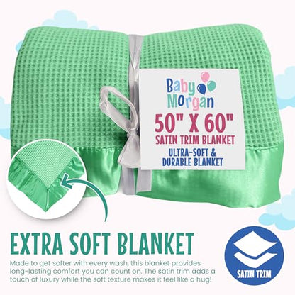 Thermal Waffle Knit Throw Blanket Satin Trim Mint Green 50"x60" | Adult throw blanket with soft lightweight waffle knit design, satin trim & breathable layer for couch, bed & living room use - color: Mint Green - Satin Trim