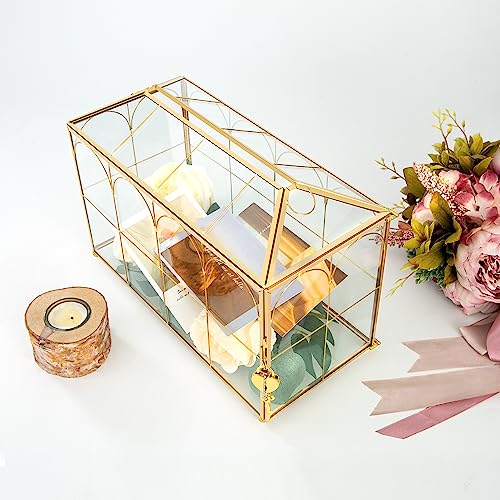 Glass Wedding Card Box with Lock, 12.6x5.9x9 inches Large Gold Card Boxes for Wedding Reception, Graduation, Keepsake Display, Party Centerpiece Gift Box - size: 12.6 x 5.9 x 9 Inches with Arch