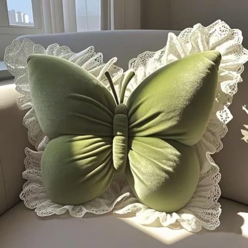 Butterfly Throw Pillow,21.6 inch Velvet Butterfly Decorative Pillow | Lace Trim,Animal Pillow for Couch Living Room Bed,Home Garden Decor - color: Green