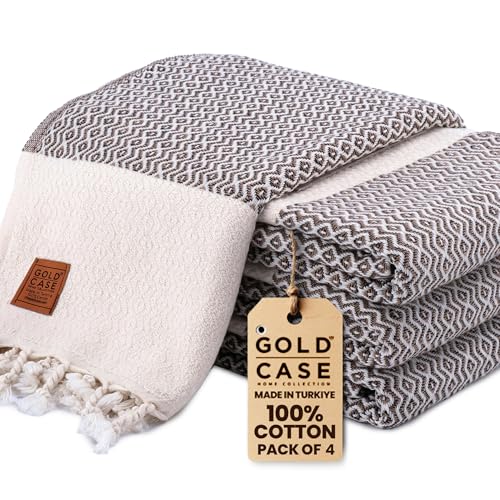 Gold CASE Turkish Beach Towel Set of 4 – 100% Cotton Large Turkish Bath Towels 67 x 38'' – Zeus Extra Large, Quick Dry & Sand Free Towels – Peshtemal for Pool – Brown - color: Brown, size: Zeus Beach Bath Towel