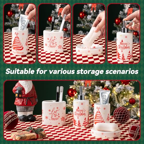 Christmas Bathroom Accessories Set, 4-Piece Ceramic Bathroom Accessory Set Include Lotion Dispenser, Toothbrush Holder Tumbler, and Soap Dish (White) - color: White