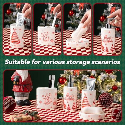 Christmas Bathroom Accessories Set, 4-Piece Ceramic Bathroom Accessory Set Include Lotion Dispenser, Toothbrush Holder Tumbler, and Soap Dish (White) - color: White