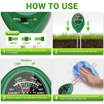 Dr.meter Plant Moisture Meter 3 in 1 Soil Moisture Light pH Tester | Soil Probe Test Kits for Indoor Outdoor Plant Care, Hydrometer for Plants, No Battery Needed