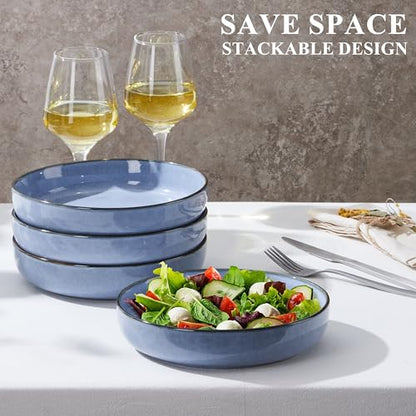 E-far Pasta Bowls Set of 4, 35oz Large Salad Bowls for Serving, Wide and Shallow Ceramic Plates for Kitchen, Double Reactive Glaze, Microwave and Dishwasher Safe, Ocean Blue - color: Ocean Blue