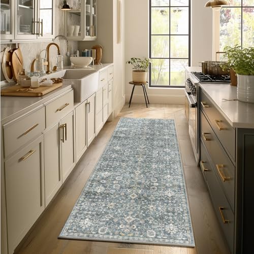 Machine Washable Hallway Runner Rug: 2'x6' Kitchen Rugs | Soft,Non-Slip,Low Pile,Vintage,Boho,Carpet,Runners for Indoor,Entryway,Kitchen,Bedside,Bedroom,Bathroom,Farmhouse Decor - color: Cyan/Golden/Multi, size: 2' x 6' (Rectangular)