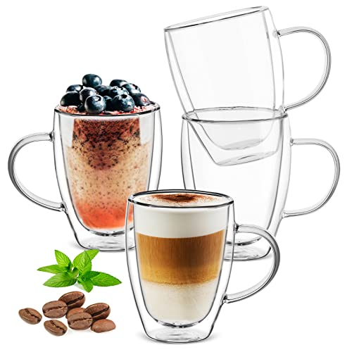 12 oz/350ml Double Walled Glass Coffee Mugs, Glass Coffee Cups Set of 4, Insulated Borosilicate Clear Glasses, Espresso Cappuccino Latte Tea Cups with Handle for Latte, Hot/Cold Drink - size: 12 oz/350ml