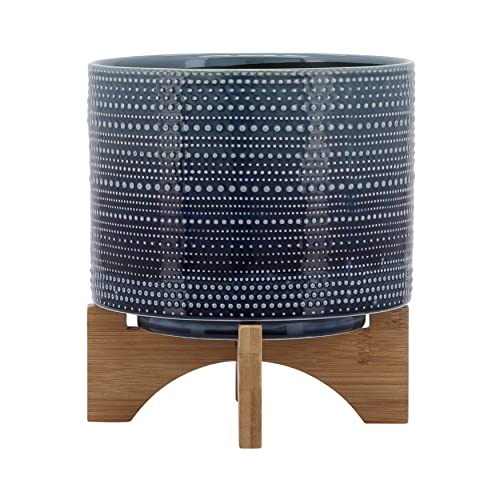 Dotted Decorative Planter Pot with Wood Stand – Ceramic Stoneware Outdoor & Indoor Plant Pot with Drainage Holes – Modern Garden & Home Decor Planters – 10", Blue - color: Dot Blue, size: 8 Inch