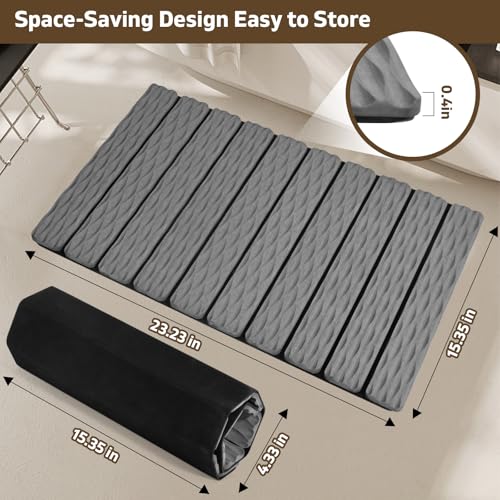 Foldable Stone Bath Mat, 2 Pcs Fast Drying Diatomaceous Earth Stone Drying Mat with Grooves on Surface, Non-Slip Rubber Base, Easy to Store and Clean (Grey, 24"x 16" & 8"x 4") - color: Gray（groove）, size: 24" x 16"