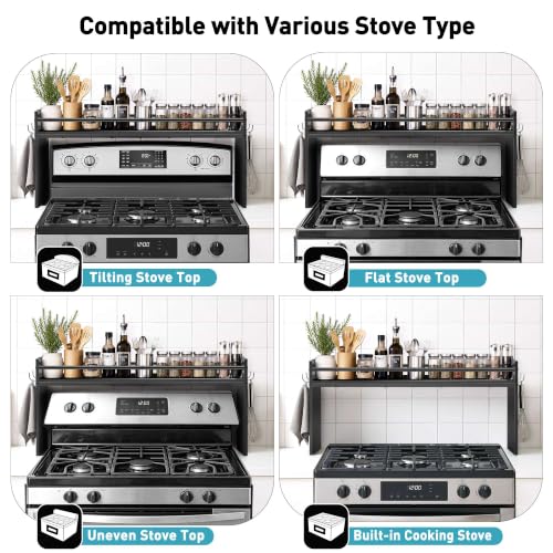 Noodle Board Stove Cover and Over the Stove Spice Rack Combo Set | Expands Countertop Space, Stove Top Cover Used as Serving Tray, Sink Cover, Spice Shelf with 4 Hooks, Farmhouse Decor, Black - color: Set - Black