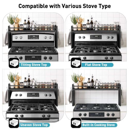 Noodle Board Stove Cover and Over the Stove Spice Rack Combo Set | Expands Countertop Space, Stove Top Cover Used as Serving Tray, Sink Cover, Spice Shelf with 4 Hooks, Farmhouse Decor, Black - color: Set - Black