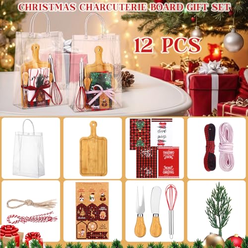 12 Set Christmas Charcuterie Board Gifts Bulk, Bamboo Mini Cheese Cutting Board Gifts with Spreader Knives Fork Towel Whisk for Xmas Gift Wedding Bridal Baby Shower (Long Handle,Light) - color: Light