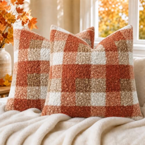 decorUhome Faux Fur Plaid Throw Pillow Covers 16X16 Set of 2 Burnt Orange | Boucle Check Fur Pillow Covers, Decorative Sherpa Boho Fuzzy Soft Farmhouse Pillow cases for Couch Sofa Bed Living Room - color: Plaid-burnt Orange, size: 16" x 16" (Pack of 2)