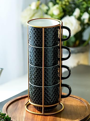 LYEOBOH Stackable Coffee Mugs Set of 4 with Rack & Spoons Coffee Mug Set 13 OZ., Ceramic Embossed Grinding Demitasse Cups Set Cappuccino Cup Halloween for Coffee, Latte, Macchiato, Espresso, Black - color: Black